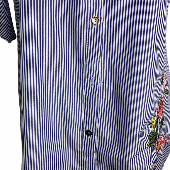 Embroidered Tunic Shirt Dress S Blue Striped Floral Button Down Bell Sleeves - Picture 6 of 8
